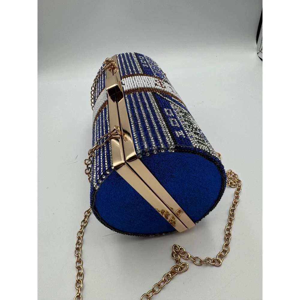 Rhinestone Money Roll Clutch Bag Blue‎ Gold Crystal Barrel Evening Purse